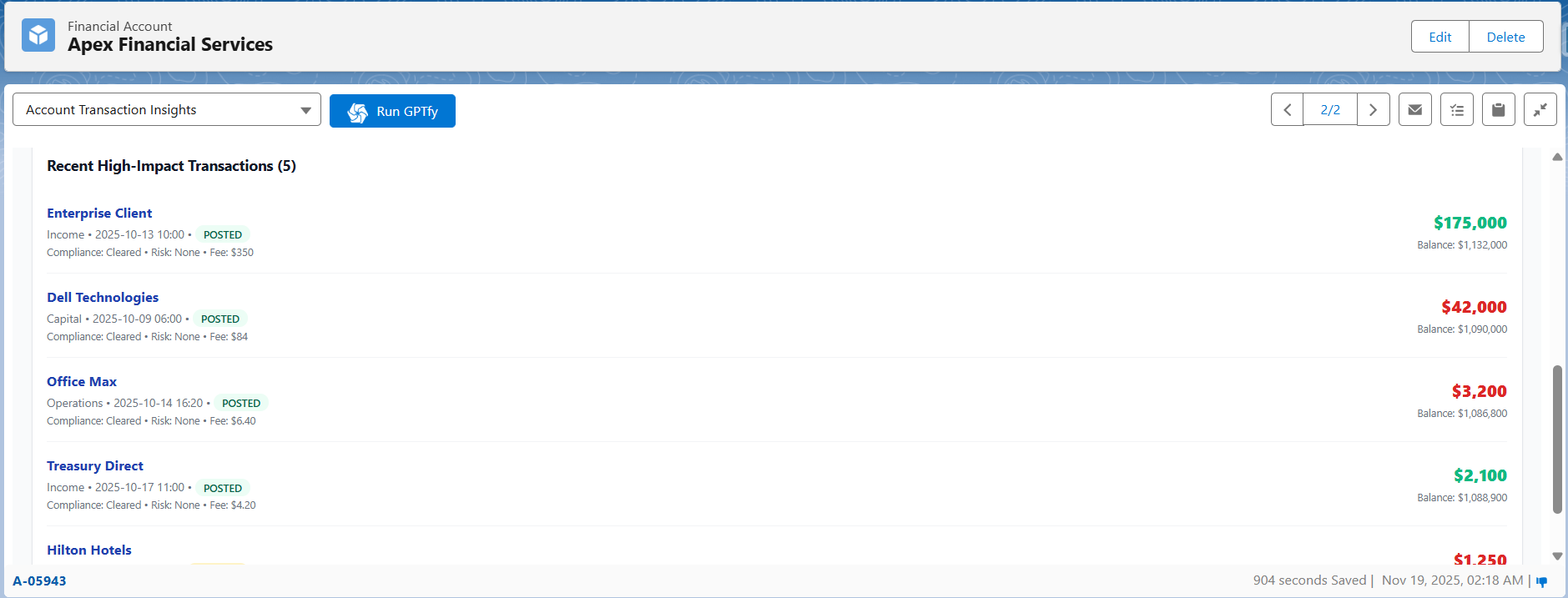 GPTfy account transaction insights showing inflow and outflow analysis from Snowflake data