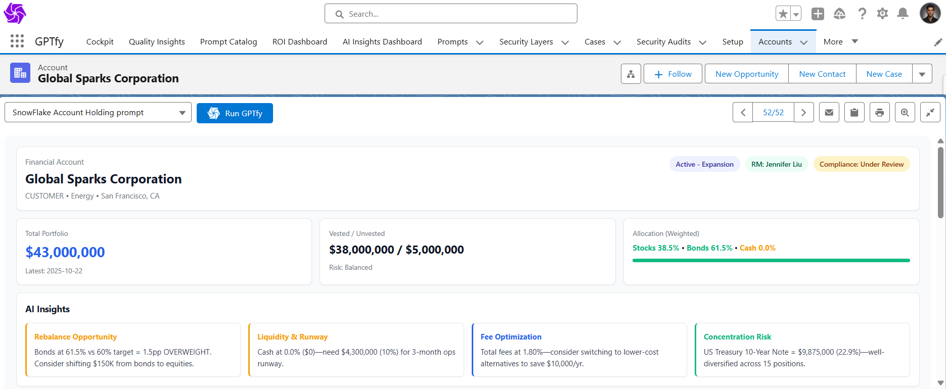 Snowflake to Salesforce API output showing portfolio values and AI-generated account insights