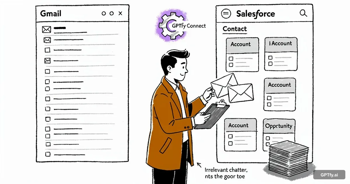 Scandinavian editorial illustration showing GPTfy Connect selecting business-relevant Gmail activity and syncing it into Salesforce records
