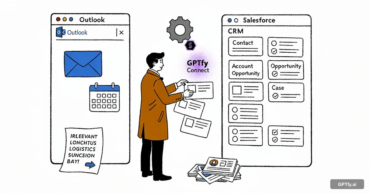 Scandinavian editorial illustration showing GPTfy Connect selecting business-relevant Outlook activity and syncing it into Salesforce records