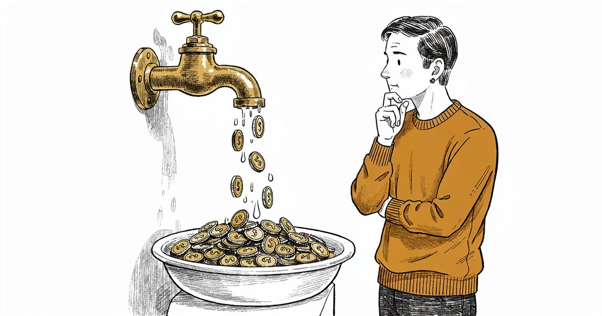 Brass faucet dripping coins into an overflowing basin — the hidden cost of manual work, drip by drip