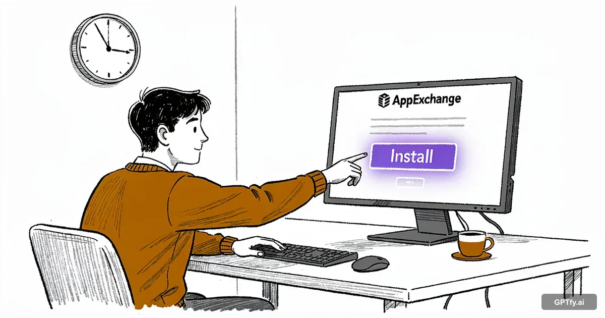 Person clicking a single Install button on AppExchange — one-click install, not a project