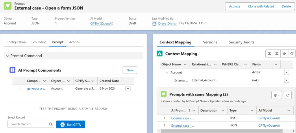 Screenshot of the GPTfy Prompt Configuration page showing JSON prompt settings, AI prompt components, and context mapping details.