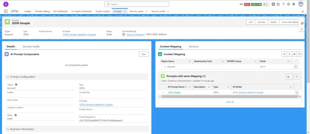 In this image, you will see a sample JSON prompt that you can use to get an effective response from AI inside Salesforce with GPTfy.