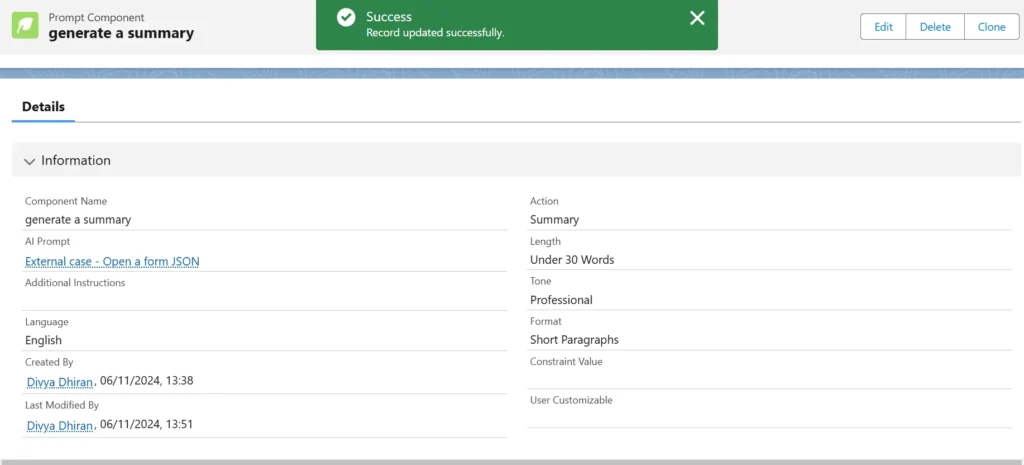 Details page for the "Generate a Summary" prompt component in GPTfy with attributes like action, length, and tone.