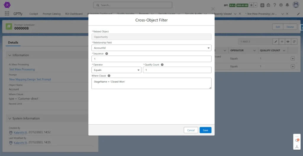 Dialog box for setting up cross-object filters in GPTfy, with fields for object name, relationship field, sequence, operator, qualify count, and where clause.