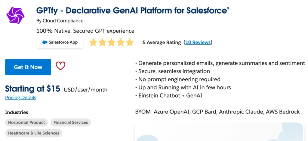 screenshot of gptfy, an AI tool for Salesforce on the Salesforce AppExchange
