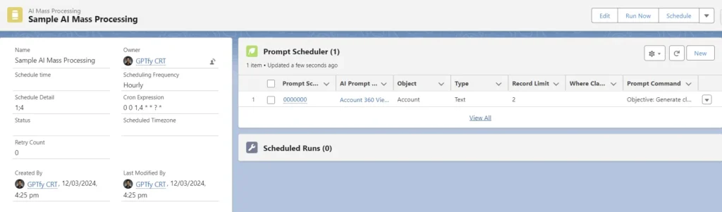 Dashboard view of a scheduled AI mass processing task in an application.