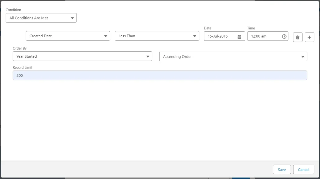 Configuration screen for setting up a prompt scheduler in Salesforce with options for selecting prompts and where clauses.