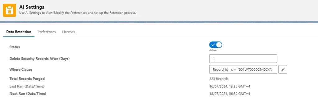 AI Settings Data Retention tab showing fields for retention settings