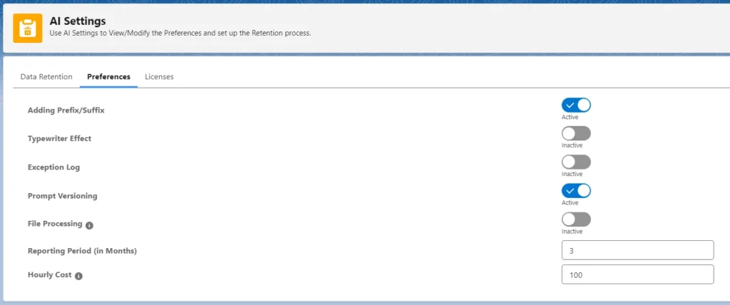 AI Settings tab displaying preferences for data retention, including options like adding prefix/suffix, typewriter effect, exception log, prompt versioning, and file processing