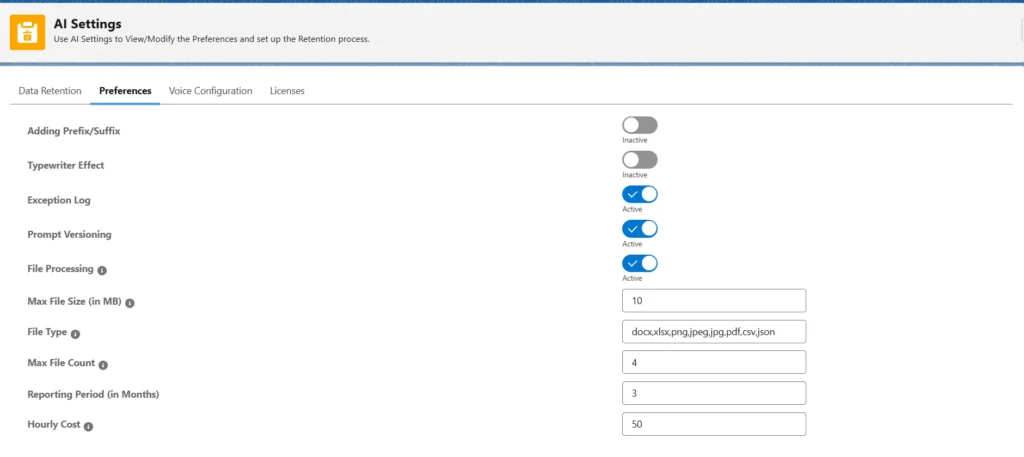 Screenshot of the AI Settings Preferences tab in GPTfy, highlighting the File Processing configuration with options for Max File Size, File Type, and Max File Count.