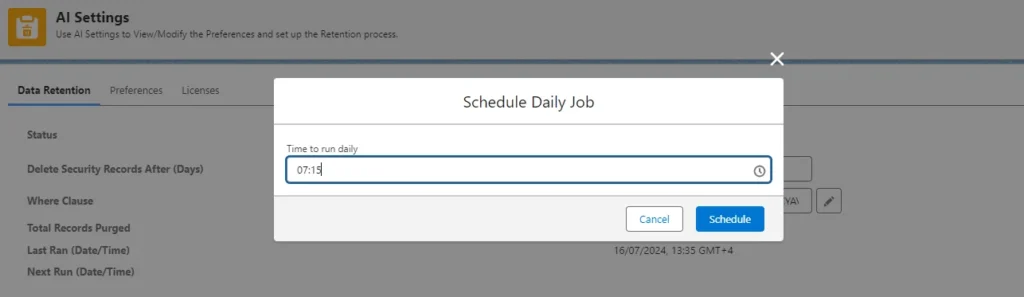 Screenshot showing the Schedule Daily Job window in the AI Settings with the time set to 07:15.