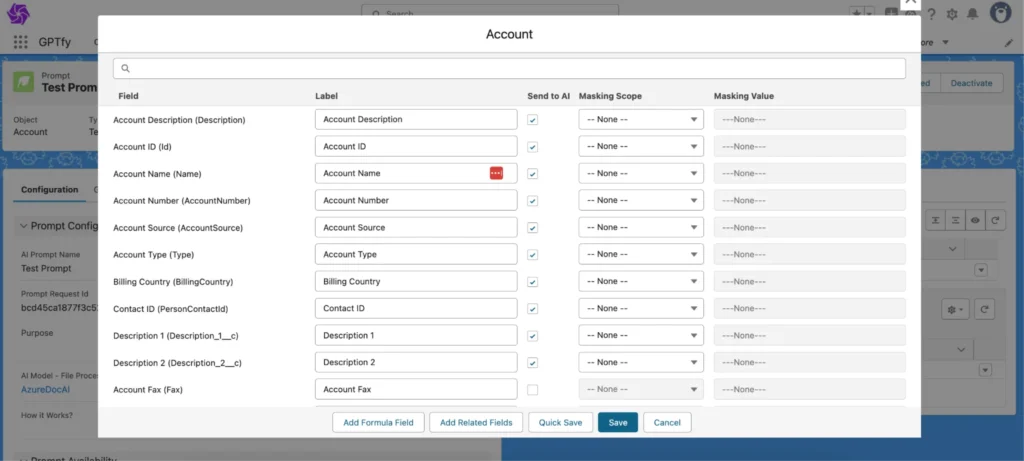Screenshot of GPTfy Prompt Command interface with a basic text prompt and no merge field selected.