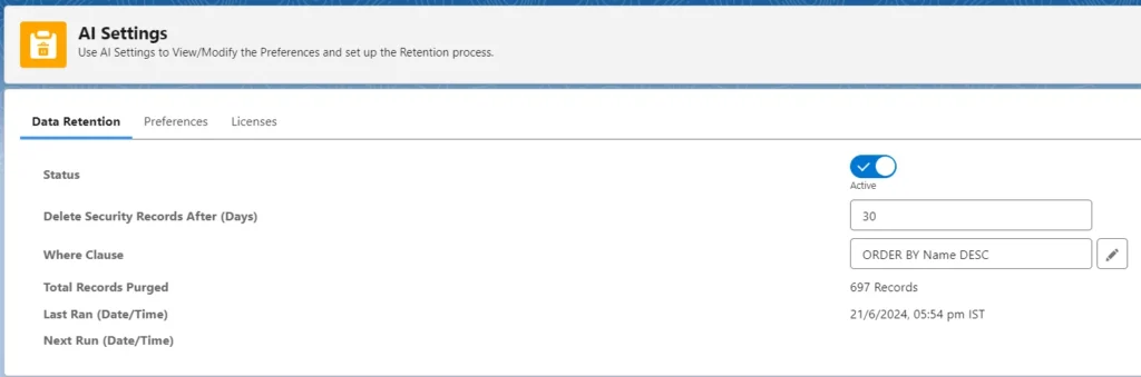 AI Settings Data Retention tab showing retention settings