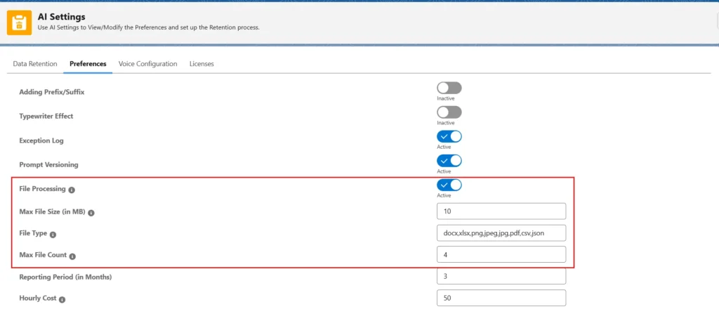 Screenshot of the File Processing configuration section in GPTfy AI Settings, showing fields for Max File Size, File Type, and Max File Count with active toggles.