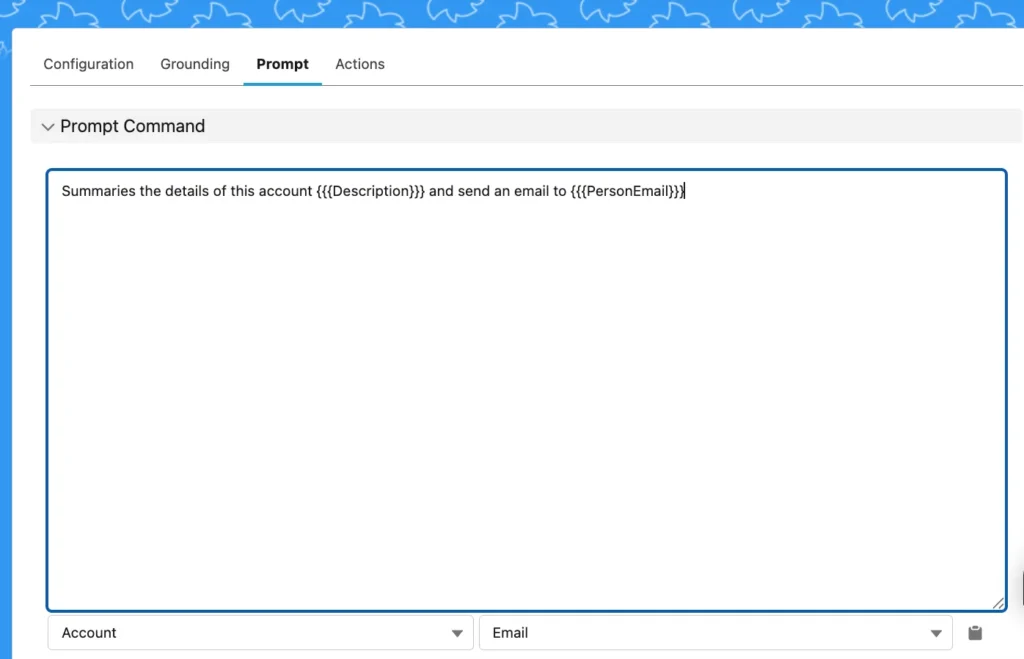 Screenshot showing GPTfy interface in Salesforce for mapping Account fields with options to send data to AI and apply masking settings.