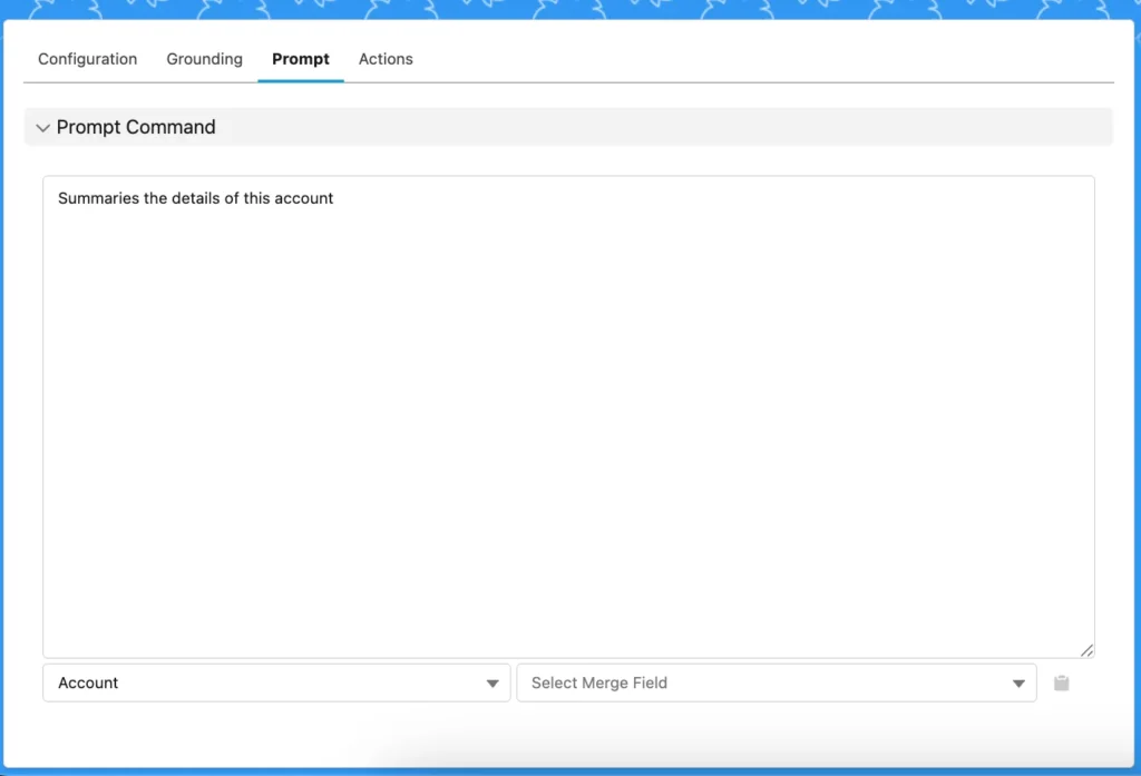 Prompt Command section in GPTfy showing selection of Account object and the ability to choose a merge field from a dropdown.