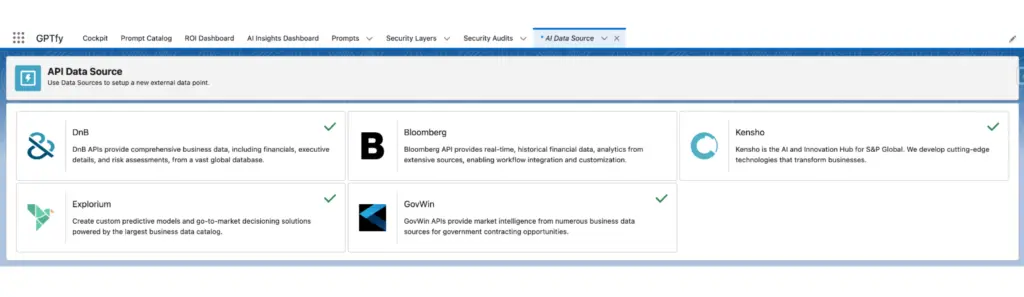 Web interface showcasing a list of API Data Sources, including D&B, Bloomberg, Explorium,