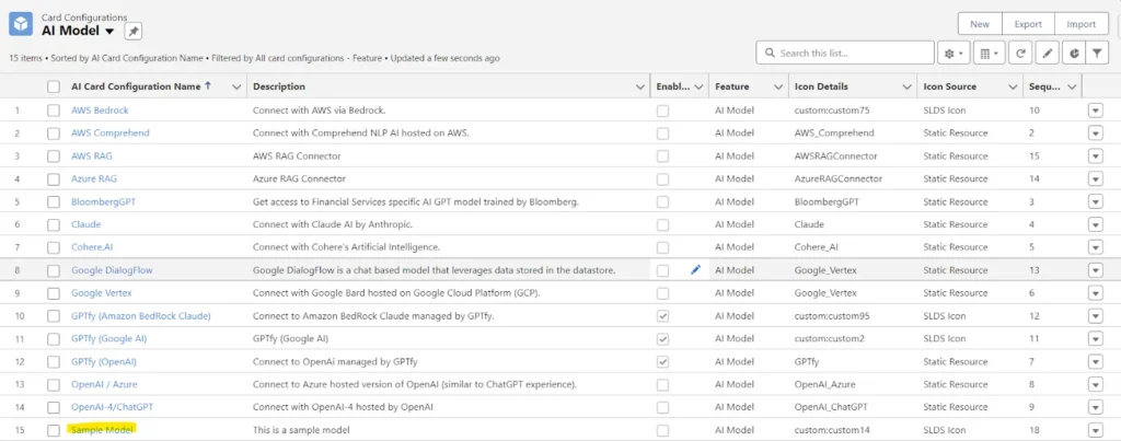 List of AI Model configurations showing various services like AWS, Google Vertex, and custom models in GPTfy.