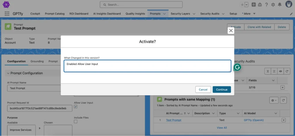 Activation dialog box in GPTfy asking the user to enter a description of the changes before confirming the new version activation.