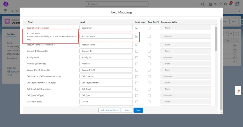 Configuration screen in GPTfy showing field mappings for account details with options to send data to AI and anonymize PII.