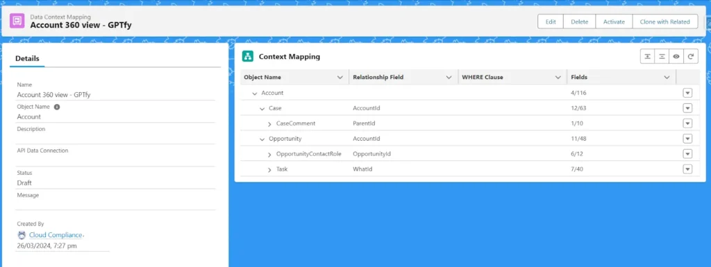 GPTfy data context mapping screen displaying an overview of object names, relationship fields, and available fields for mapping.