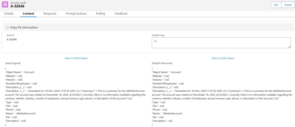 Screenshot of the Context tab in a Security Audit record, displaying Data (Original), Data (PII Key), and Data (PII Removed) sections in JSON format for the Account object.