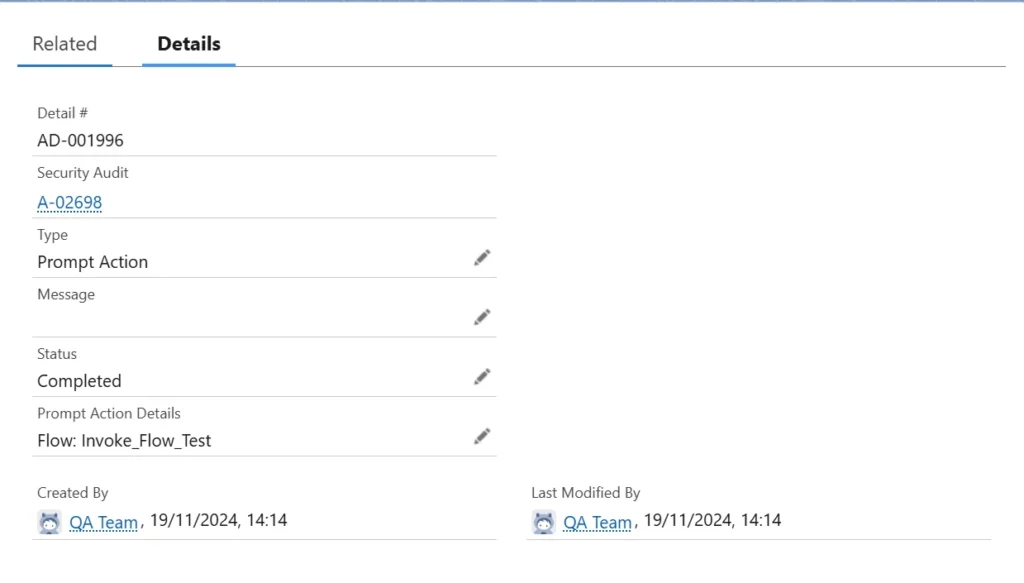 Screenshot of the Details tab in a Security Audit record, showing information about a prompt action, including type, status, message, and prompt action details.