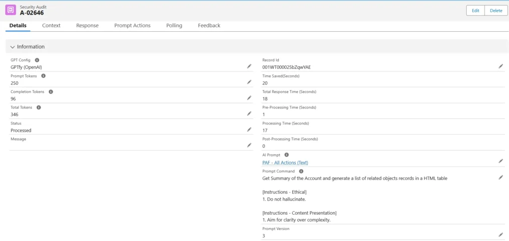 Screenshot of the Details tab in a Security Audit record in GPTfy, displaying fields like GPT Config, Prompt Tokens, Total Tokens, Status, Record ID, Response Time, and AI Prompt.