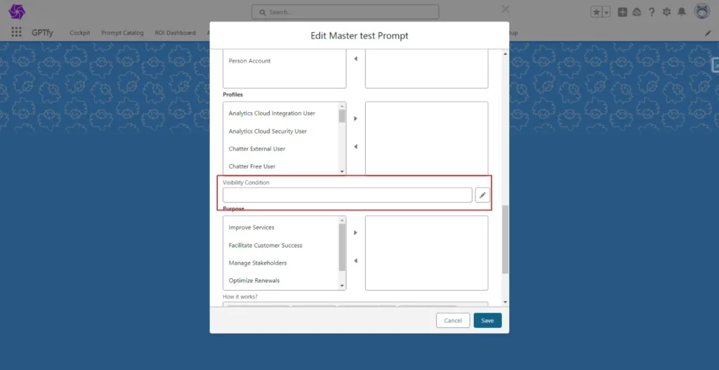 Screenshot of the GPTfy platform's 'Edit Master test Prompt' interface with the 'Purpose' section highlighted, showing options to improve services, facilitate customer success, manage stakeholders, and optimize renewals.