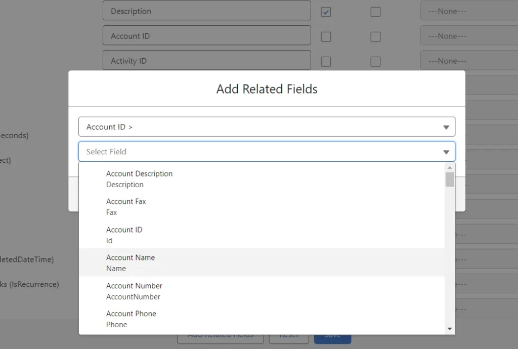 Detailed view of field selection dropdown in GPTfy's data context mapping setup, showcasing various field options for users to include in their mapping.