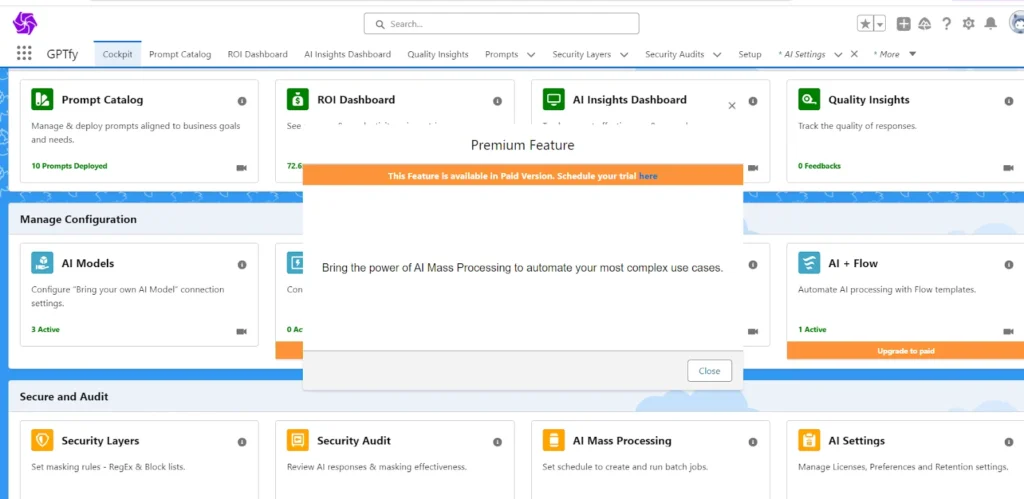 Overview of GPTfy cockpit dashboard highlighting key features for managing AI within Salesforce.