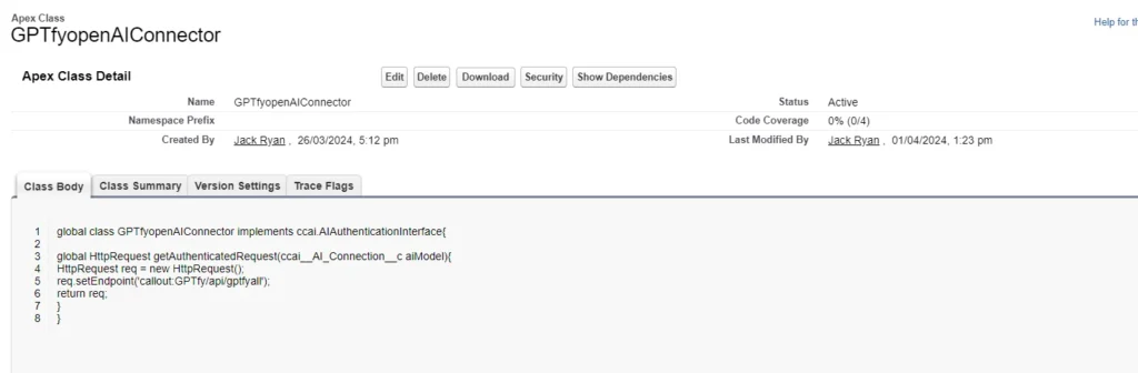 Screenshot of GPTfyopenAIConnector Apex Class showing the class body with authentication interface code