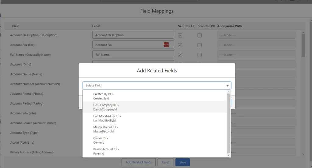 User interface of GPTfy's field mappings section showing a dropdown list for adding related fields to the data context mapping