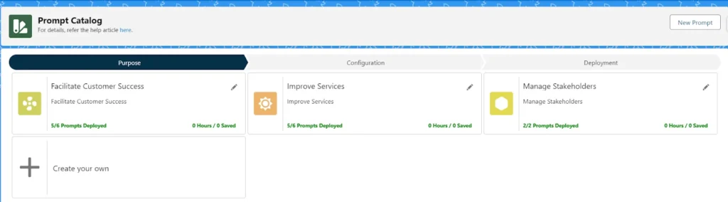 Screenshot showing GPTfy Prompt Catalog with business purpose cards for Facilitate Customer Success, Improve Services, and Manage Stakeholders.