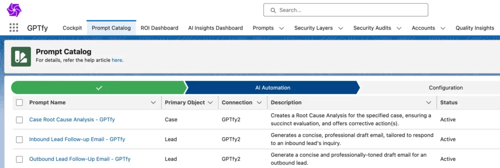 Screenshot of the GPTfy application's Prompt Catalog page within Salesforce