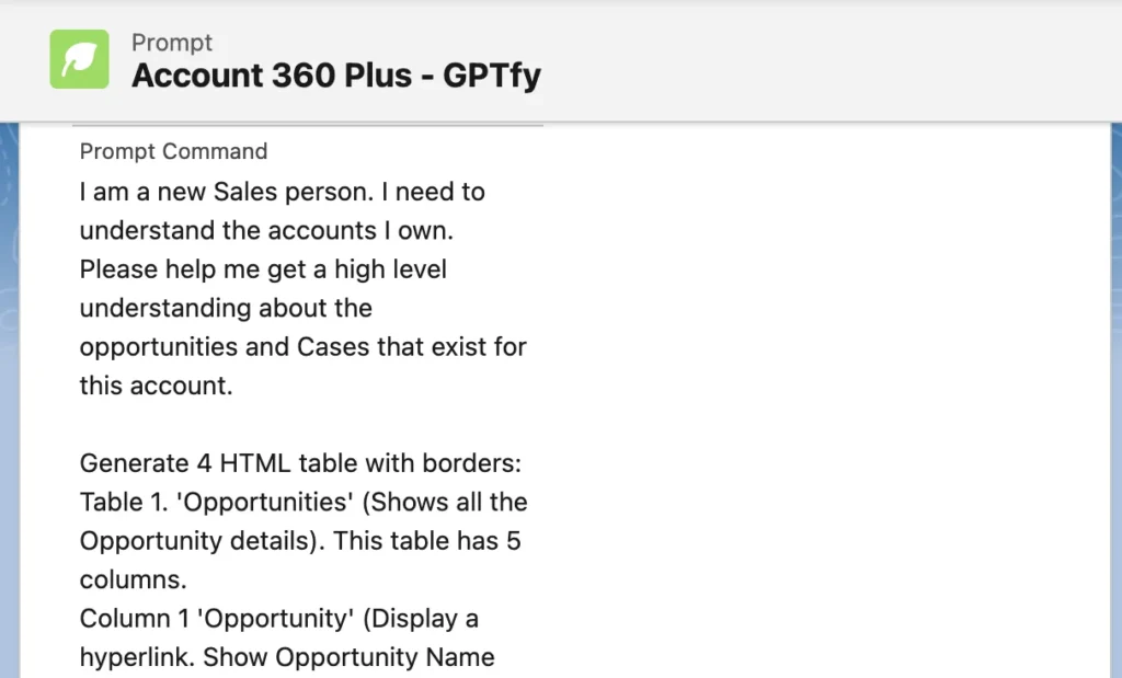 Instructional text for a Salesforce AppExchange app prompt labeled 'Account 360 Plus - GPTfy
