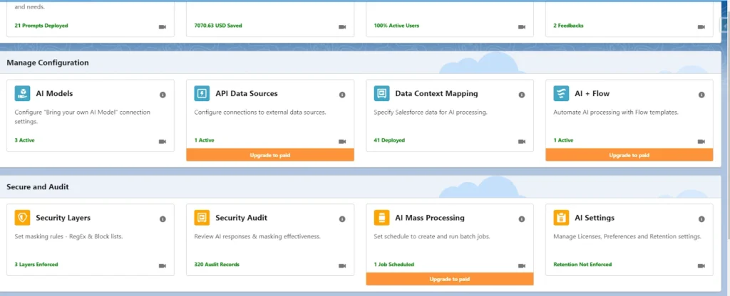 GPTfy dashboard displaying configuration options and premium feature prompts requiring upgrade.