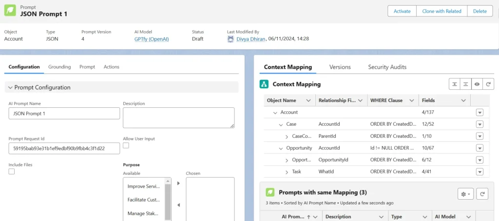 Salesforce interface showing JSON prompt configuration fields, context mapping, and related prompt mappings.