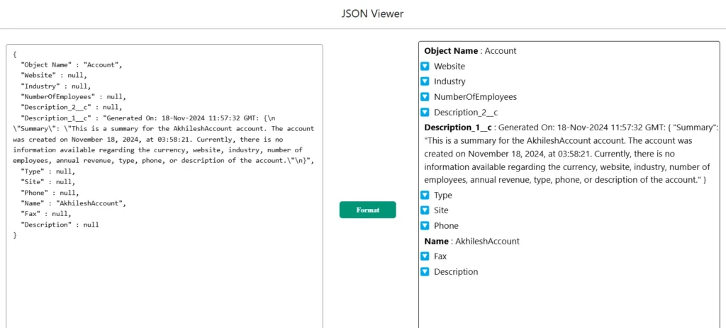 Screenshot of the JSON Viewer displaying the raw JSON data on the left and a formatted, structured view of the data fields on the right.