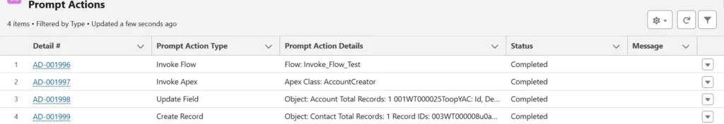 Screenshot of the Details tab in a Security Audit record, showing information about a prompt action, including type, status, message, and prompt action details.