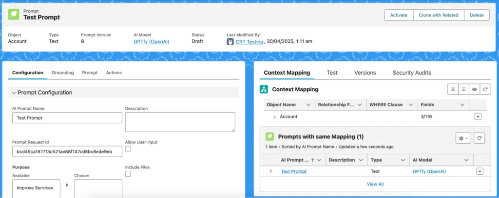 Screenshot of GPTfy showing a draft text prompt's configuration and its associated context mapping for the Account object.