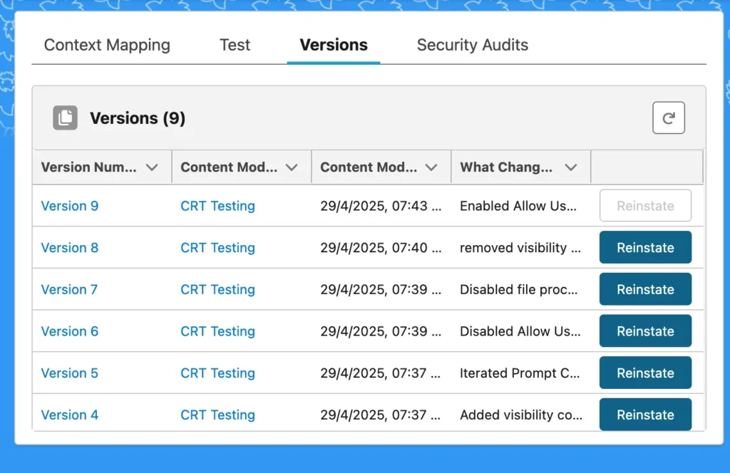 Versions tab showing multiple prompt versions with the option to reinstate older versions, allowing rollback to previous configurations.