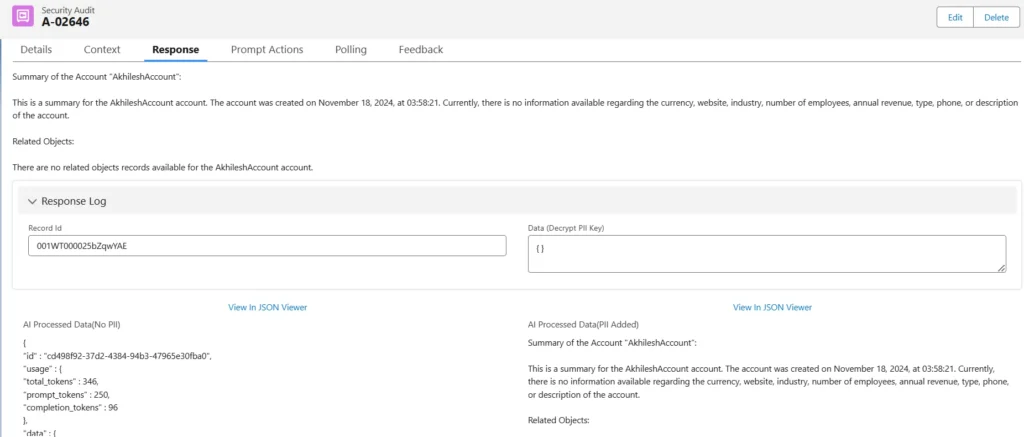 Screenshot of the Response tab in a Security Audit record, showing a summary of the AkhileshAccount account, related objects, response log, and AI processed data with and without PII.