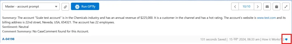 Screenshot showing the execution of a GPTfy prompt, displaying account summary details, sentiment, and comment summary, with a red mark on the thumbs-down icon for feedback.