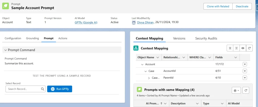 A screen displaying the Sample Account Prompt configuration in GPTfy, showing the Prompt Command, Context Mapping, and options for related prompts.