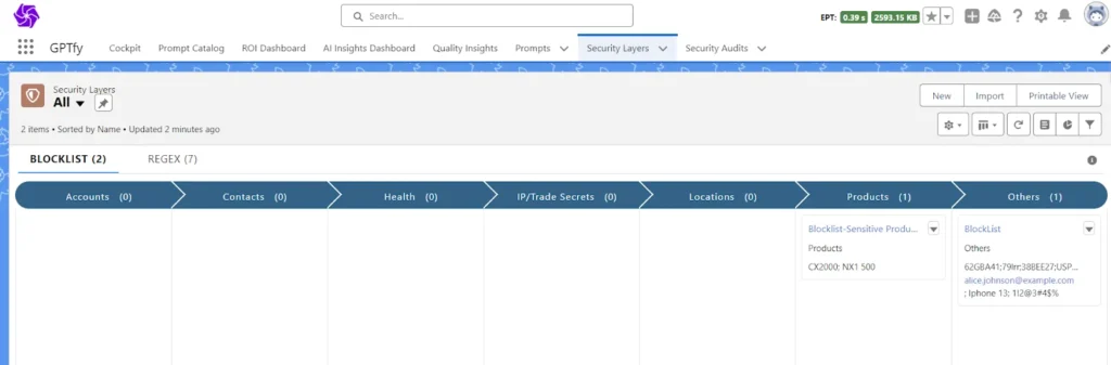 Security layers interface in GPTfy showing categorized data protection tabs.