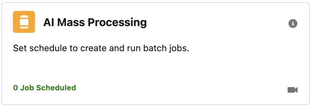 'AI Mass Processing' interface with a call to action 'Set schedule to create and run batch jobs'