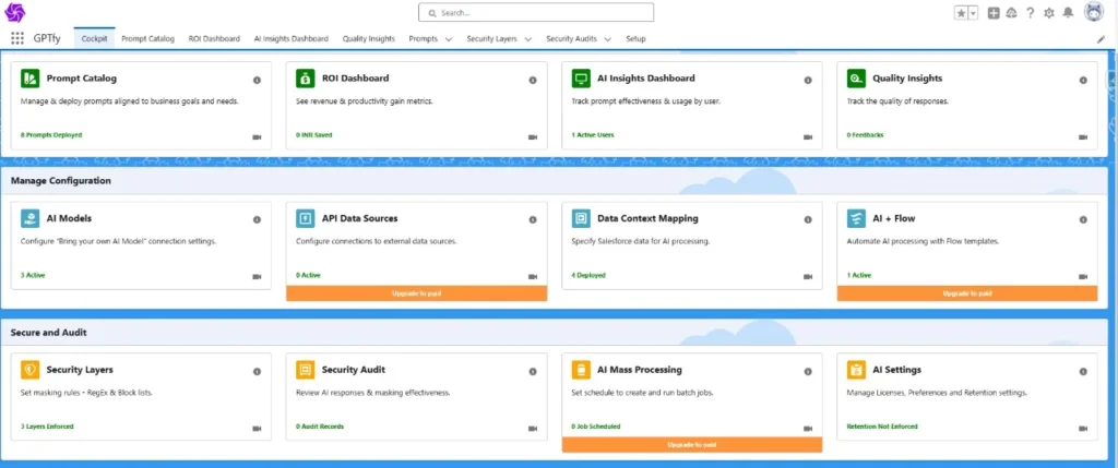 Screenshot of the GPTfy Cockpit Dashboard in Salesforce, showcasing sections like Prompt Catalog, ROI Dashboard, Manage Configuration, and Secure and Audit features.